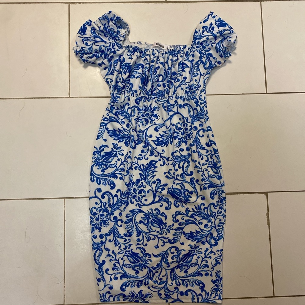 Misguided Blue and White Milkmaid Bodycon Dress